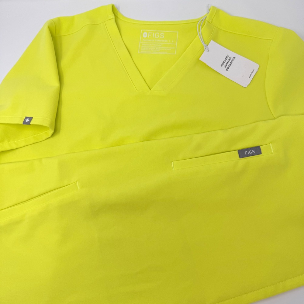 FIGS Casma Scrub Top Womens Large Neon Yellow V-Neck Serving Lime NEW